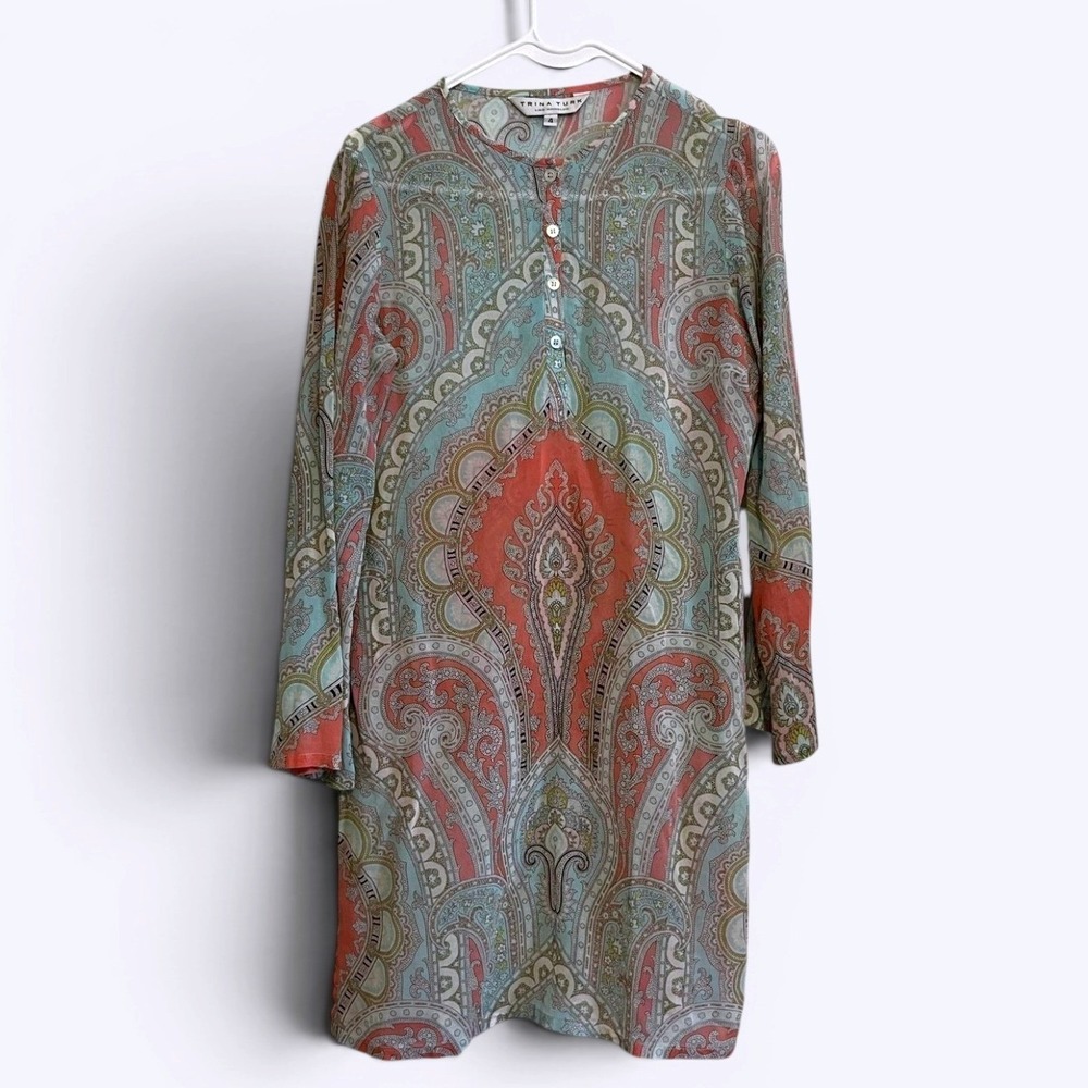 Trina Turk Dress Womens 4 Multicolour Paisley Shift Henley 3/4 Sleeve Boho
